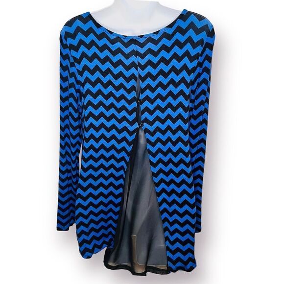 Shanley Chevron Mesh Back Casual Long Sleeve Top Hi Lo Hem Royal Blue Black M - Picture 4 of 12